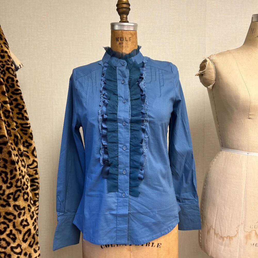 NWT Deadstock 2000s Coquette Ruffle Collar Delicate Cotton Button Down Shirt S